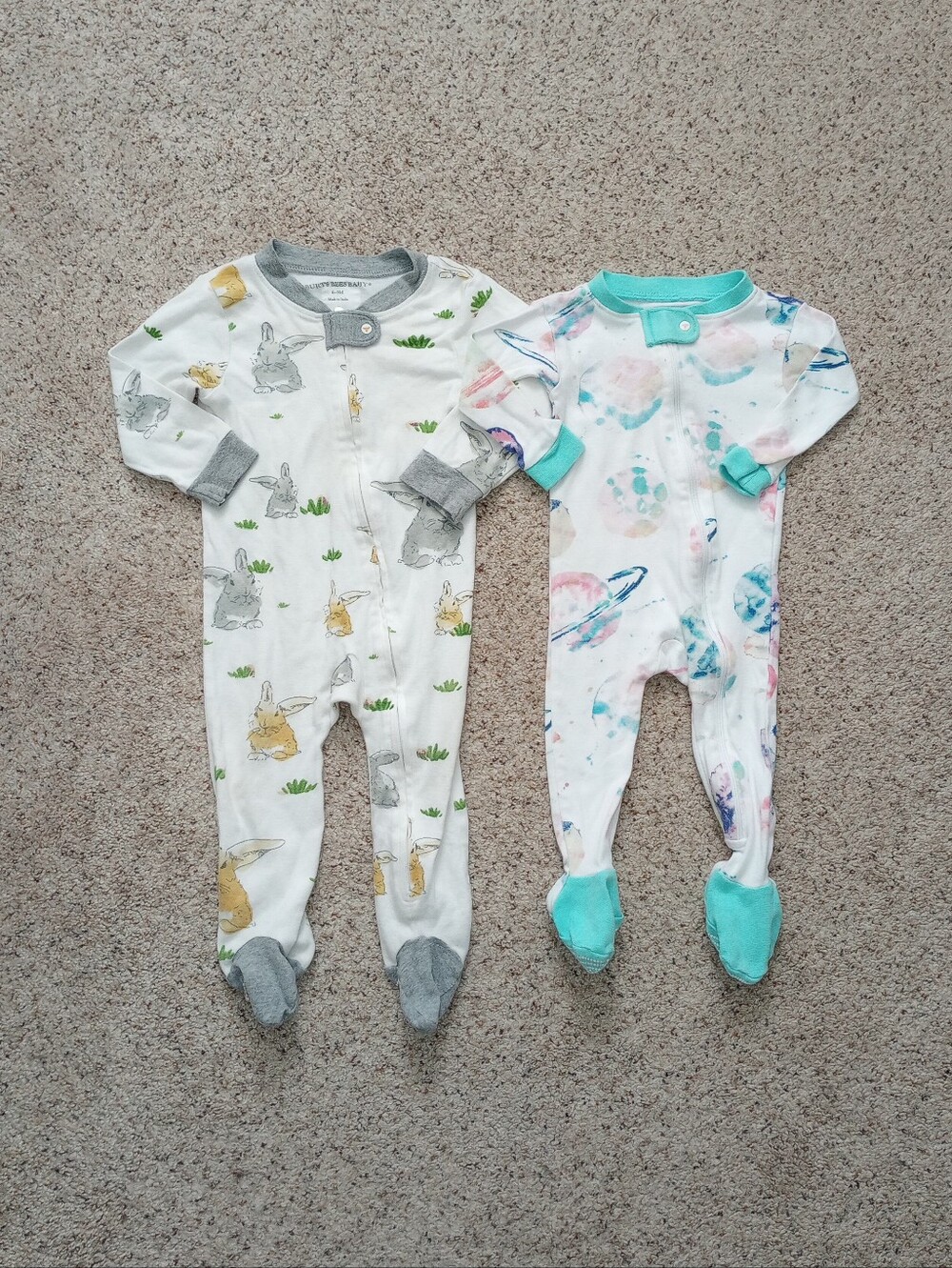 Burt's Bees Baby 2 Footies Bunny Rabbits And Solar System